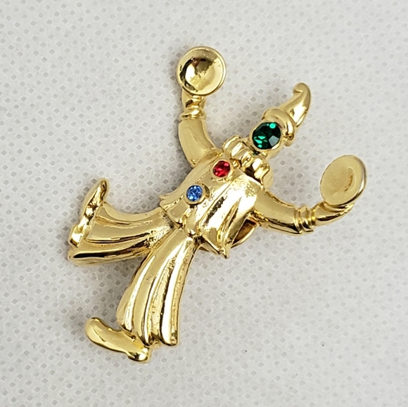 Vintage JJ Gold Rhinestone Clown Dancing Clashing Cymbals Tack Pin - Picture 4 of 10